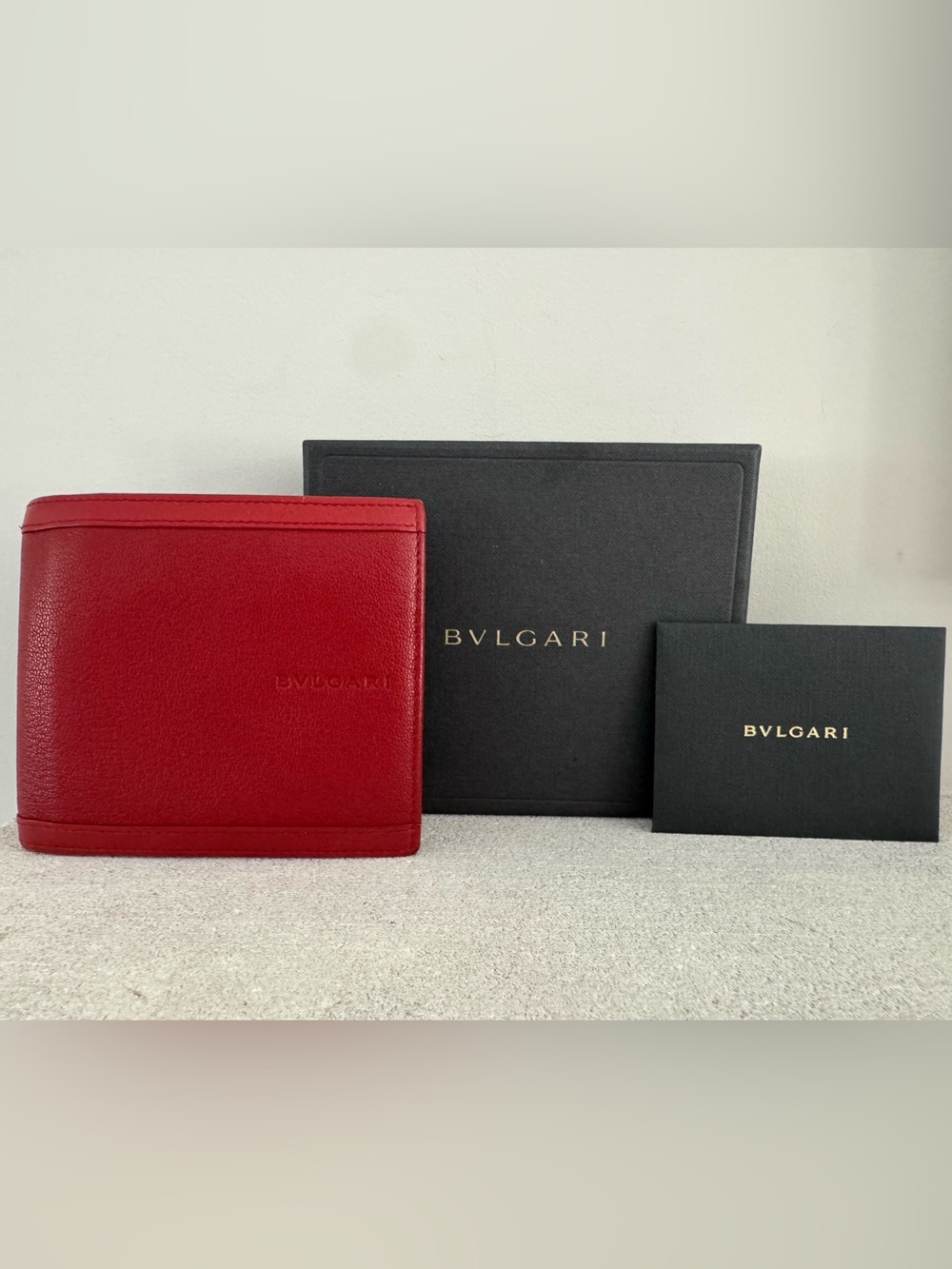 BVLGARI Mens Red Leather Bifold Wallet + Box & Card